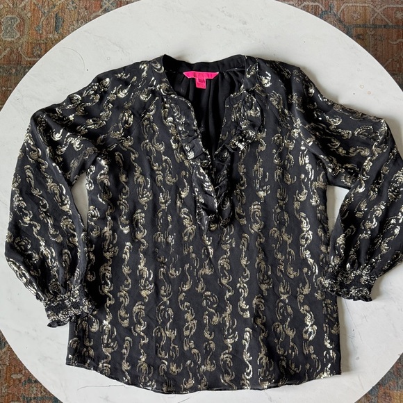 Lilly Pulitzer Black and Gold Patterned Blouse - Picture 12 of 16